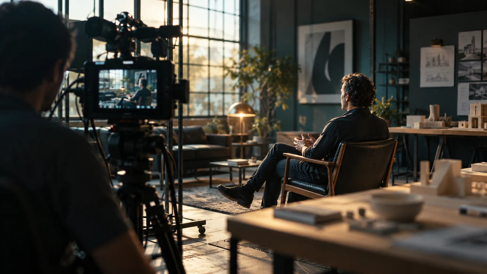 Illustrative interview production with a cinema camera in a contemporary studio
