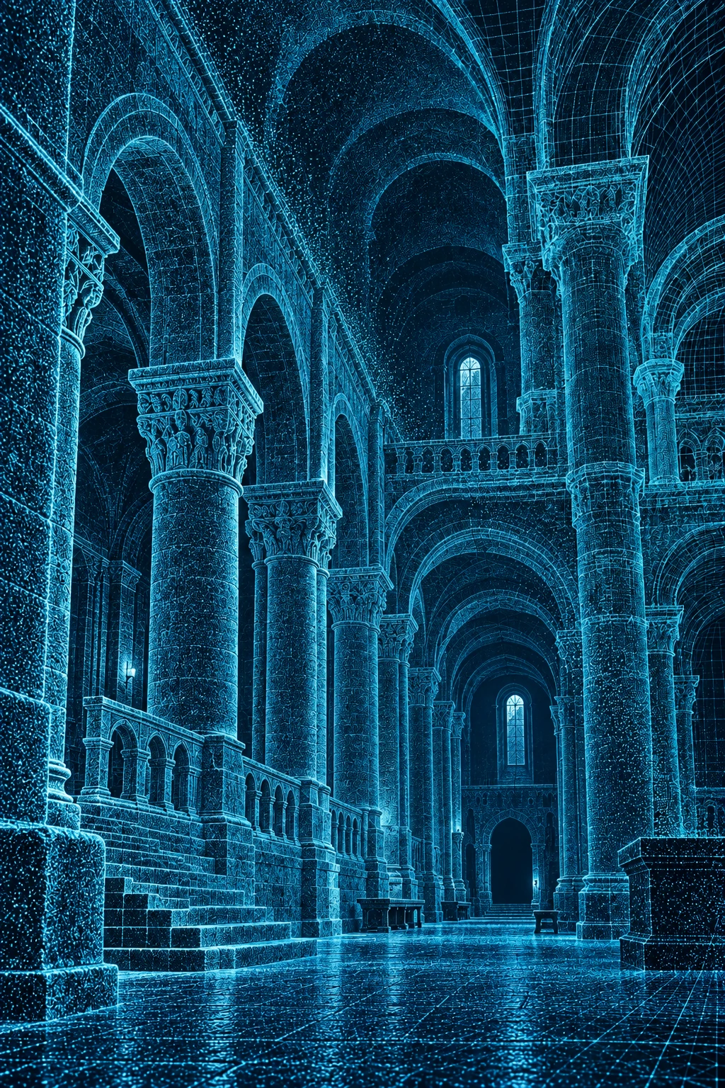 Illustrative point-cloud representation of a historic architectural interior