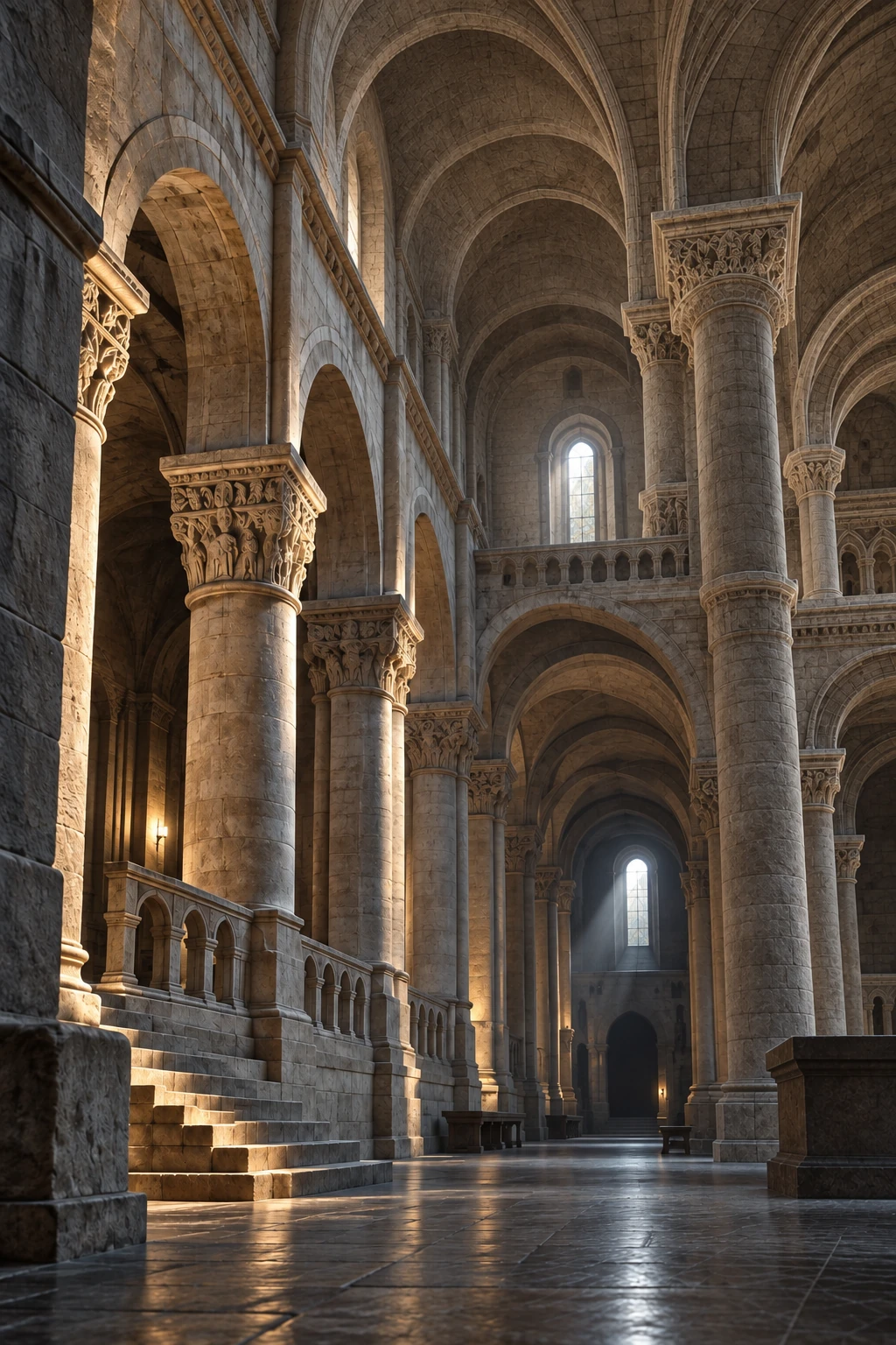 Illustrative architectural interior with arches and detailed historic surfaces