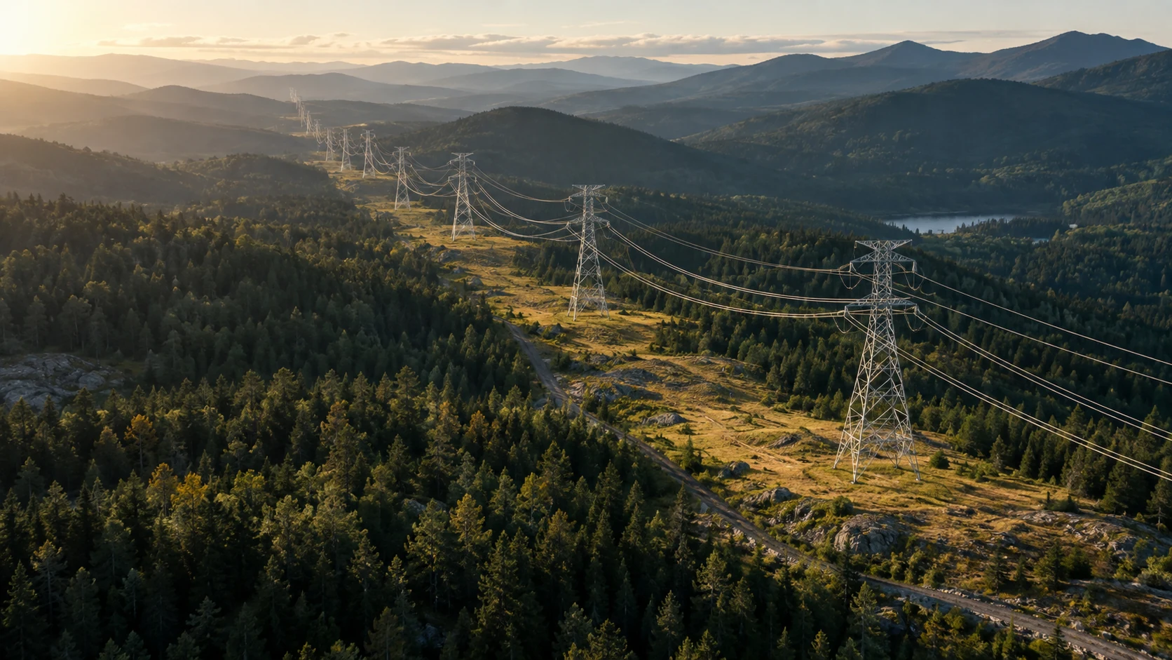Illustrative transmission pylons following a corridor through forested hills