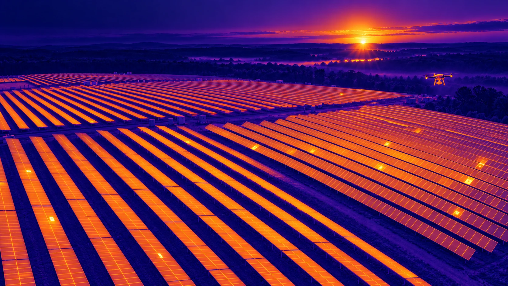 Illustrative solar field viewed in visible and thermal-style layers — Thermal illustration