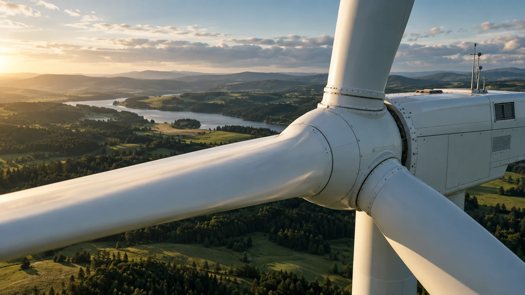 Illustrative close aerial view of a wind turbine blade and nacelle